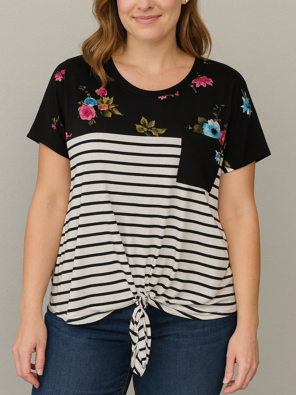 Black Floral & Striped Tie-Front Tee